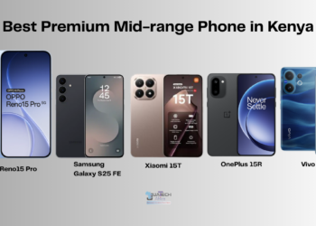 Best premium midrange phone in Kenya comparison showing Oppo Reno 15 Pro, Samsung Galaxy S25 FE, Xiaomi 15T, OnePlus 15R, and Vivo V60