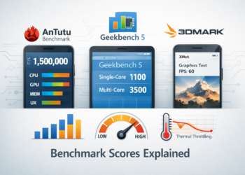 Illustration showing smartphone benchmark tools AnTuTu, Geekbench, and 3DMark with performance scores, graphs, and thermal performance indicators