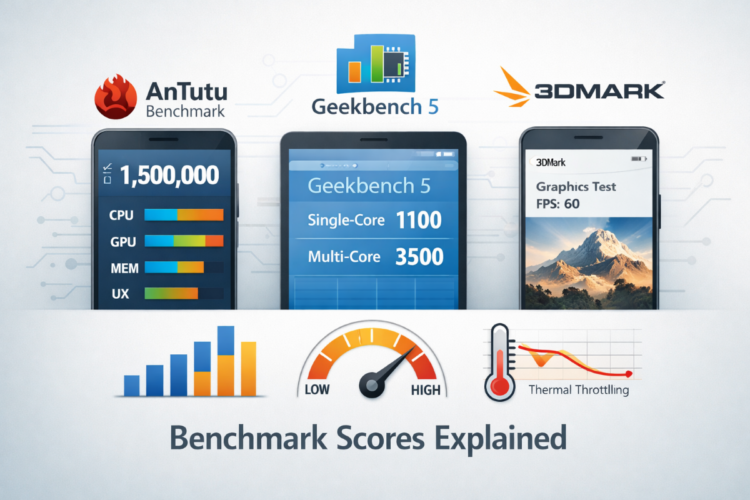 Illustration showing smartphone benchmark tools AnTuTu, Geekbench, and 3DMark with performance scores, graphs, and thermal performance indicators