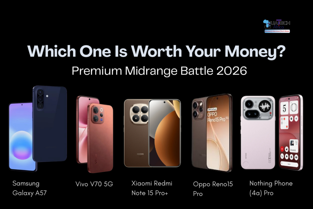 Best premium midrange smartphones in Kenya 2026 comparison featuring Samsung Galaxy A57, Vivo V70, Xiaomi Note 15 Pro Plus, Oppo Reno15 Pro and Nothing Phone 4a Pro