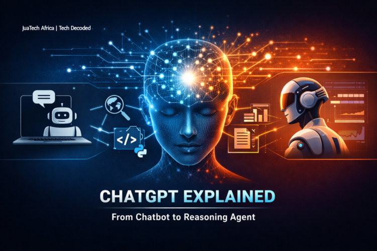 Illustration showing the evolution of ChatGPT from a basic chatbot into a reasoning AI agent with advanced multimodal capabilities.