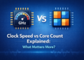 Illustration comparing CPU clock speed in GHz and core count in a smartphone processor to explain performance differences