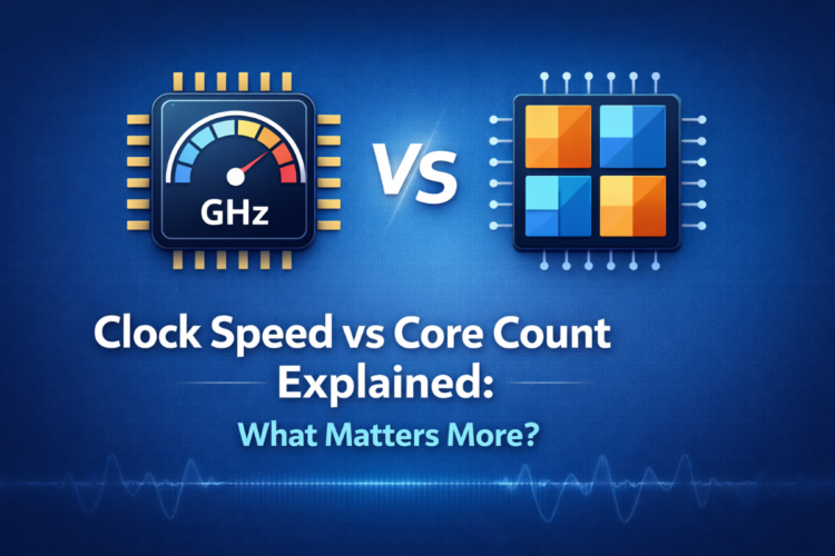 Illustration comparing CPU clock speed in GHz and core count in a smartphone processor to explain performance differences