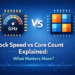 Illustration comparing CPU clock speed in GHz and core count in a smartphone processor to explain performance differences