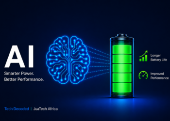 Minimalistic illustration showing AI improving smartphone battery life and device performance through intelligent optimization.