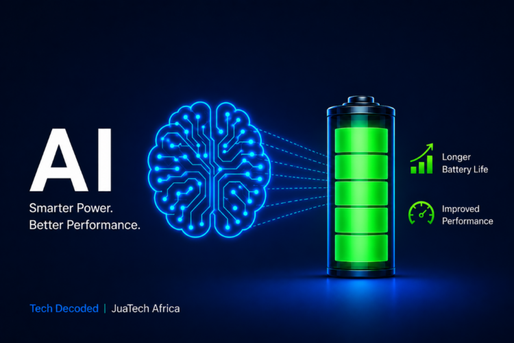Minimalistic illustration showing AI improving smartphone battery life and device performance through intelligent optimization.