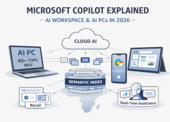 Microsoft Copilot AI workspace architecture connecting AI PCs smartphones and cloud intelligence