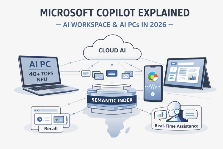 Microsoft Copilot AI workspace architecture connecting AI PCs smartphones and cloud intelligence