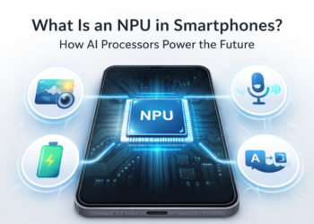 Illustration showing a smartphone chipset with a neural processing unit handling AI tasks such as image processing and voice recognition