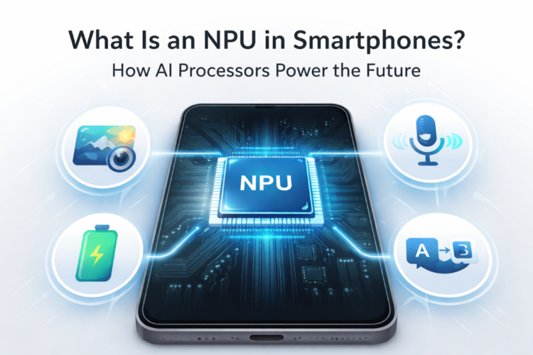 Illustration showing a smartphone chipset with a neural processing unit handling AI tasks such as image processing and voice recognition