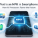 Illustration showing a smartphone chipset with a neural processing unit handling AI tasks such as image processing and voice recognition