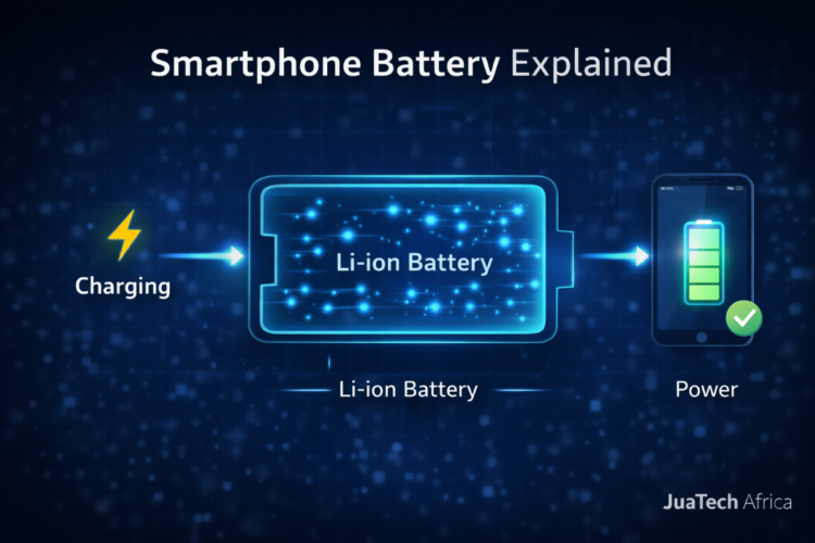 Smartphone lithium ion battery diagram showing energy flow and charging process.