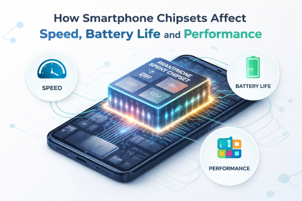 Illustration of a smartphone chipset showing CPU, GPU, and AI components connected to speed, battery life, and performance indicators