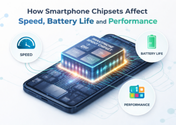 Illustration of a smartphone chipset showing CPU, GPU, and AI components connected to speed, battery life, and performance indicators