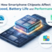 Illustration of a smartphone chipset showing CPU, GPU, and AI components connected to speed, battery life, and performance indicators