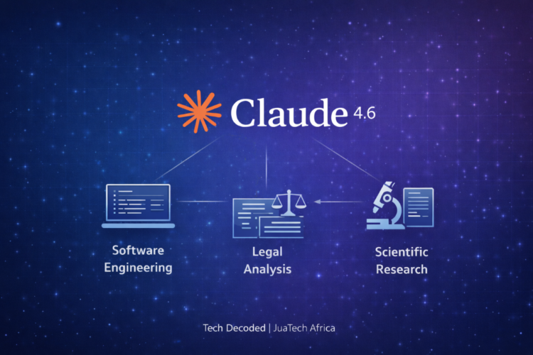 Illustration explaining Claude 4.6 AI model showing constitutional AI framework and reasoning architecture used for software engineering, legal analysis and scientific research