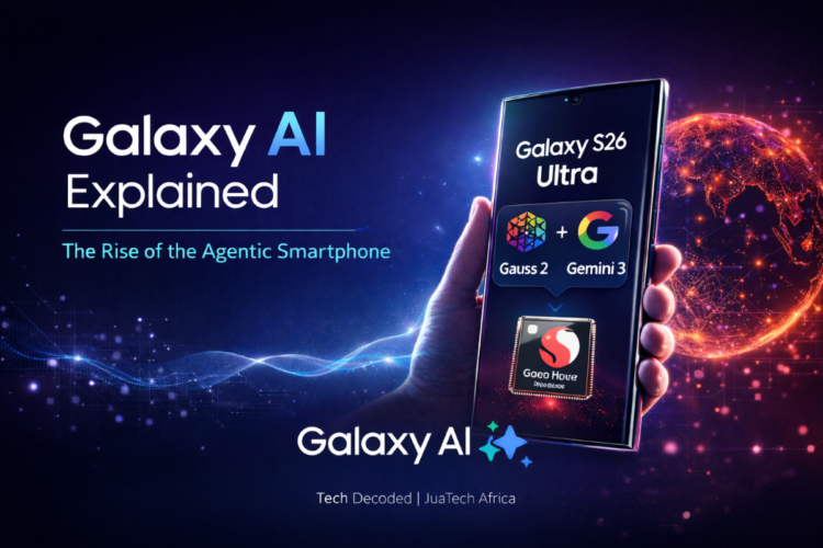 Illustration explaining Samsung Galaxy AI architecture including Gauss 2 AI model and Snapdragon 8 Elite Gen 5 powering the Galaxy S26.
