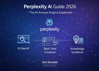 Illustration explaining Perplexity AI answer engine showing AI search, real-time citations and knowledge synthesis