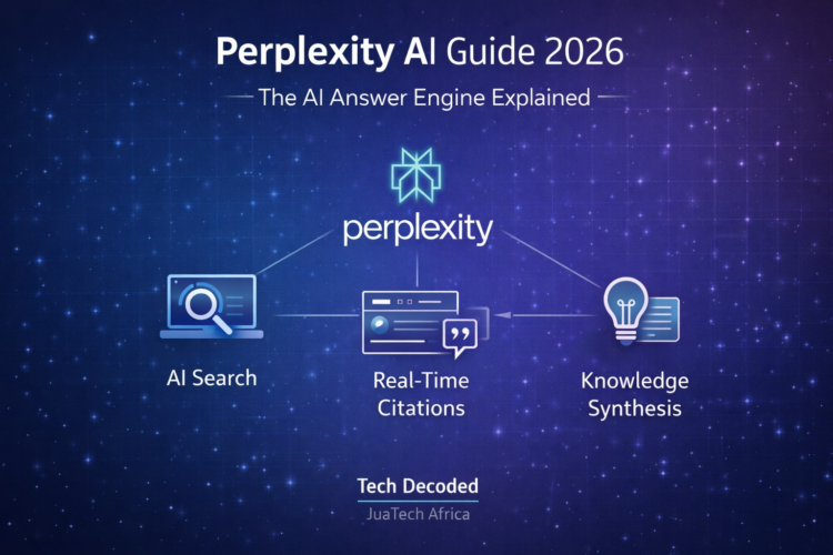 Illustration explaining Perplexity AI answer engine showing AI search, real-time citations and knowledge synthesis