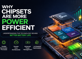 Illustration of a modern smartphone chipset showing power efficiency through smaller nanometer process, performance cores, efficiency cores, and battery optimization
