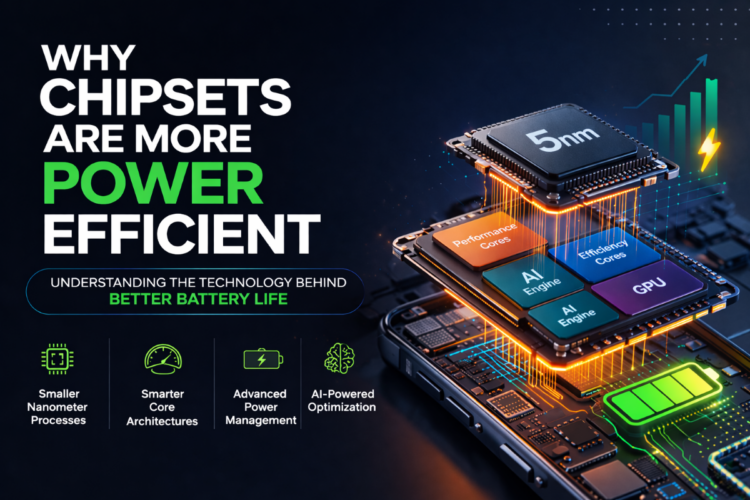 Illustration of a modern smartphone chipset showing power efficiency through smaller nanometer process, performance cores, efficiency cores, and battery optimization