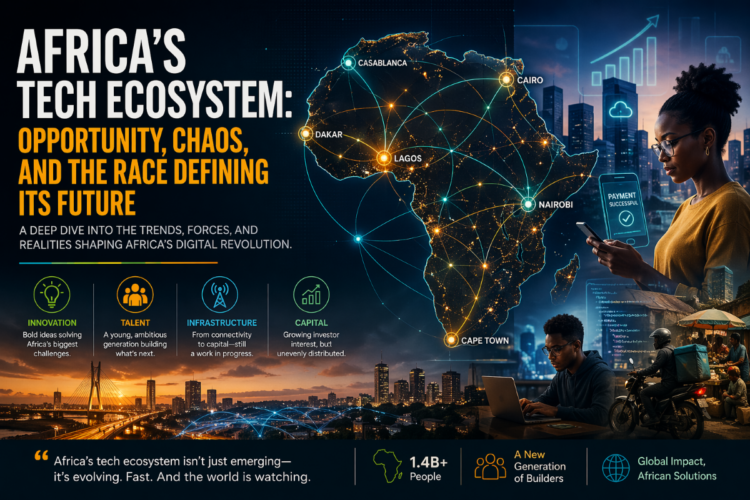 Africa tech ecosystem map showing connected startup hubs, fintech growth, and digital innovation across the continent
