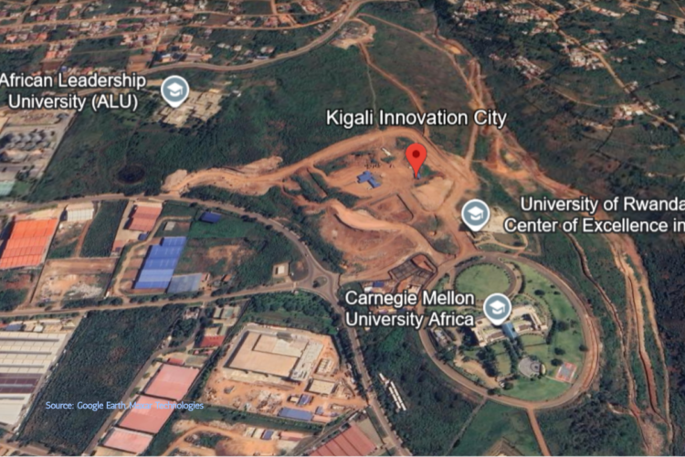 Rwanda Innovation City Kigali aerial view showing development site and Carnegie Mellon University Africa campus