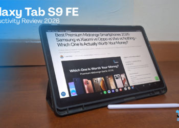 Samsung Galaxy Tab S9 FE tablet with S Pen on desk showing productivity workflow – JuaTech Africa review 2026