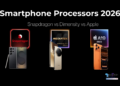 Smartphone processors 2026 comparison showing Snapdragon, MediaTek Dimensity 9500 and Apple A19 Pro chips with flagship phones