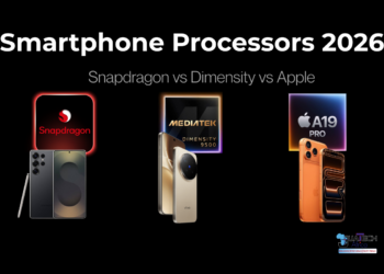 Smartphone processors 2026 comparison showing Snapdragon, MediaTek Dimensity 9500 and Apple A19 Pro chips with flagship phones