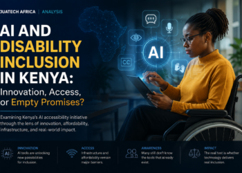 African woman using AI-powered accessibility technology on a tablet as part of a digital inclusion concept in Kenya