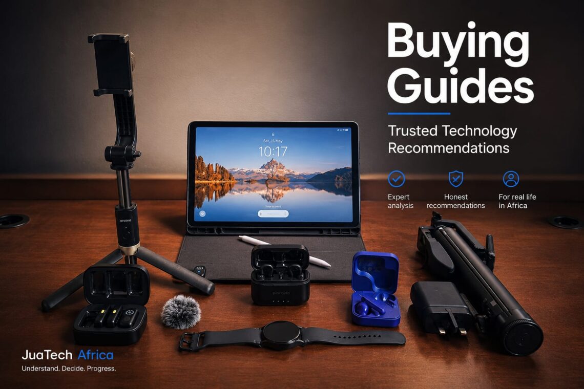 Modern technology buying guide feature image showing smartphones, creator tools, and connected devices arranged in a premium minimalistic setup representing trusted technology recommendations and smarter buying decisions in Africa.