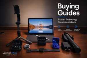 Modern technology buying guide feature image showing smartphones, creator tools, and connected devices arranged in a premium minimalistic setup representing trusted technology recommendations and smarter buying decisions in Africa.