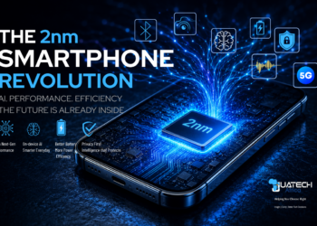 Futuristic smartphone with a glowing 2nm AI chip and blue neural circuitry symbolizing the future of AI powered mobile computing.