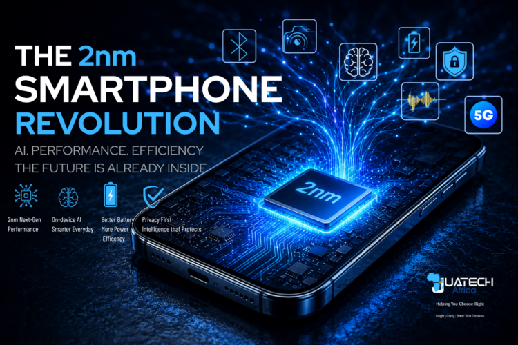 Futuristic smartphone with a glowing 2nm AI chip and blue neural circuitry symbolizing the future of AI powered mobile computing.