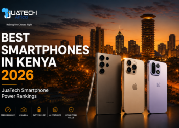 Best smartphones in Kenya in 2026 featuring Samsung Galaxy S26 Ultra, iPhone 17 Pro, and OnePlus 15 against the Nairobi skyline in the JuaTech Smartphone Power Rankings.