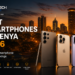 Best smartphones in Kenya in 2026 featuring Samsung Galaxy S26 Ultra, iPhone 17 Pro, and OnePlus 15 against the Nairobi skyline in the JuaTech Smartphone Power Rankings.