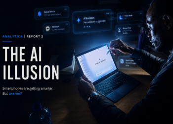 A cinematic editorial image showing a man working late at night on a tablet surrounded by floating AI notifications, digital prompts, and attention-driven smartphone systems, symbolizing the tension between smartphone AI, productivity, and modern digital behavior.