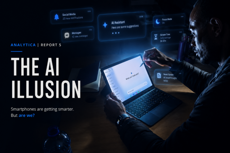 A cinematic editorial image showing a man working late at night on a tablet surrounded by floating AI notifications, digital prompts, and attention-driven smartphone systems, symbolizing the tension between smartphone AI, productivity, and modern digital behavior.