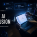 A cinematic editorial image showing a man working late at night on a tablet surrounded by floating AI notifications, digital prompts, and attention-driven smartphone systems, symbolizing the tension between smartphone AI, productivity, and modern digital behavior.