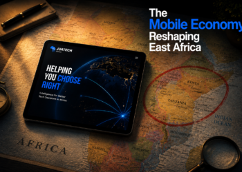 Cinematic feature image showing a tablet on a map of Africa highlighting East Africa’s mobile-driven digital transformation, innovation ecosystem, fintech growth, and connected digital economy.