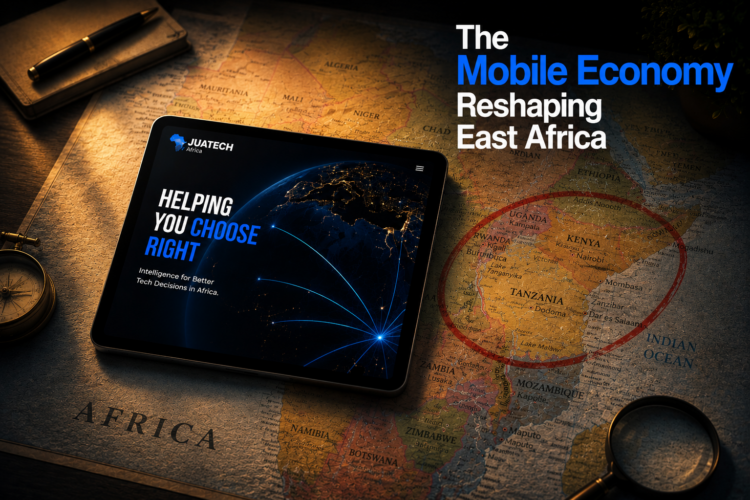 Cinematic feature image showing a tablet on a map of Africa highlighting East Africa’s mobile-driven digital transformation, innovation ecosystem, fintech growth, and connected digital economy.