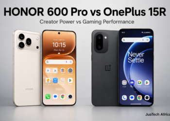 HONOR 600 Pro and OnePlus 15R premium Android flagship killer comparison with front and back device renders on a minimalist gray background for JuaTech Africa.