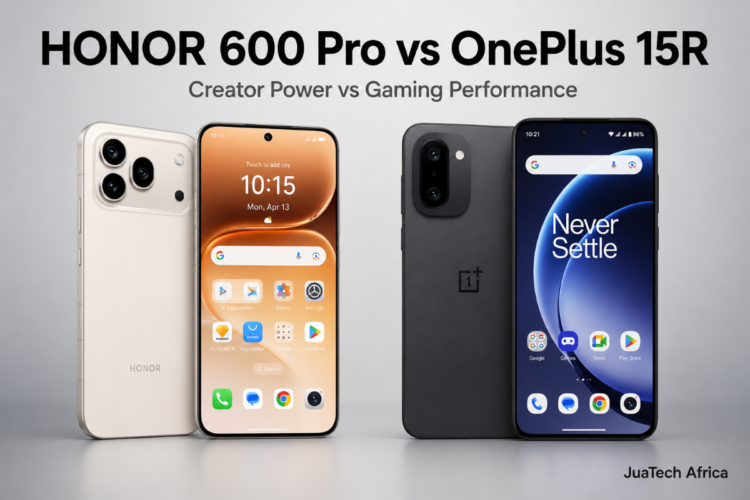 HONOR 600 Pro and OnePlus 15R premium Android flagship killer comparison with front and back device renders on a minimalist gray background for JuaTech Africa.