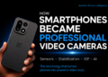 Editorial illustration showing how smartphones evolved into professional video cameras through sensors, stabilization, image processing, ISP technology, and artificial intelligence.