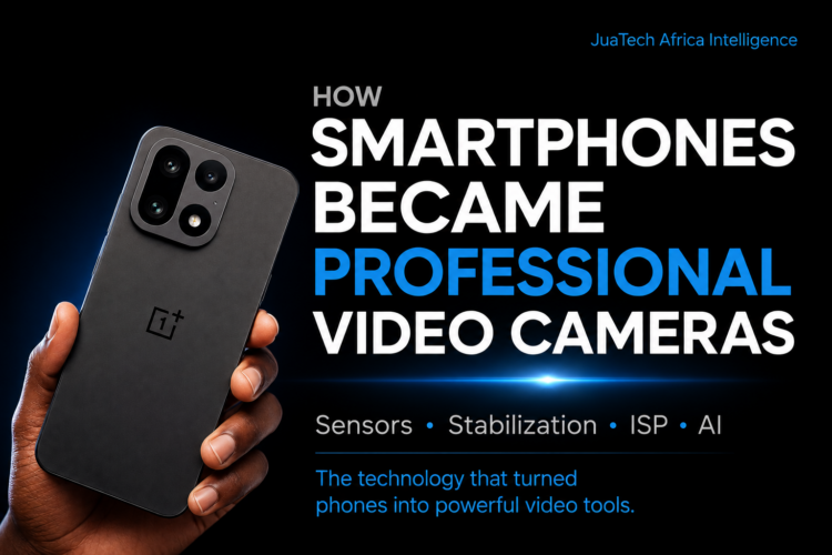Editorial illustration showing how smartphones evolved into professional video cameras through sensors, stabilization, image processing, ISP technology, and artificial intelligence.