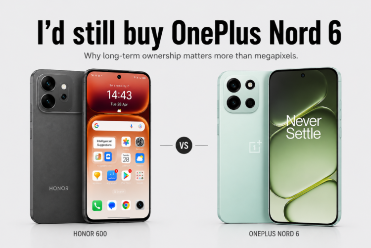 Honor 600 vs OnePlus Nord 6 comparison showing why the OnePlus Nord 6 is the recommended choice for long-term ownership despite the Honor 600's camera advantage.
