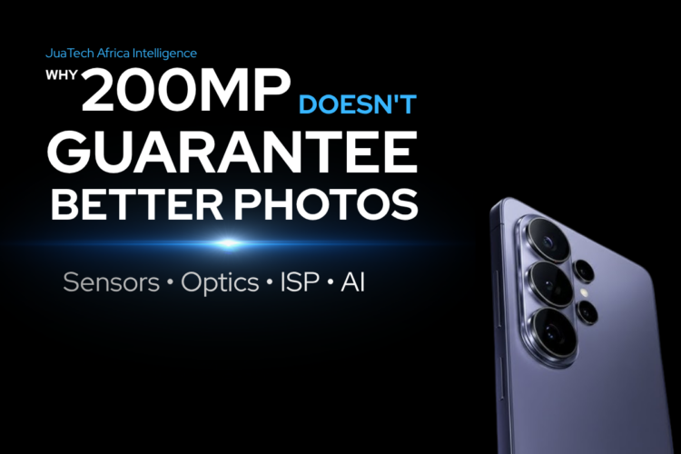 Editorial illustration explaining why 200MP smartphone cameras do not automatically produce better photos and how sensors, optics, ISP technology, and AI influence image quality.