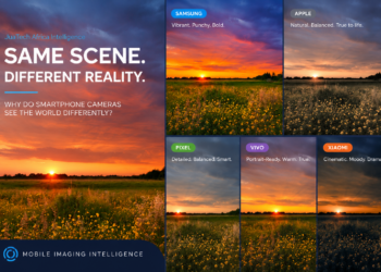 Editorial illustration showing how Samsung, Apple, Google Pixel, Vivo, and Xiaomi smartphones can produce different interpretations of the same sunset scene through image processing, color science, and computational photography.
