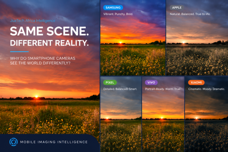 Editorial illustration showing how Samsung, Apple, Google Pixel, Vivo, and Xiaomi smartphones can produce different interpretations of the same sunset scene through image processing, color science, and computational photography.
